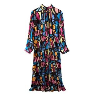 RARE! Beulah Style Long Sleeve Maxi Pleated Geometric Multicolor Dress High Neck